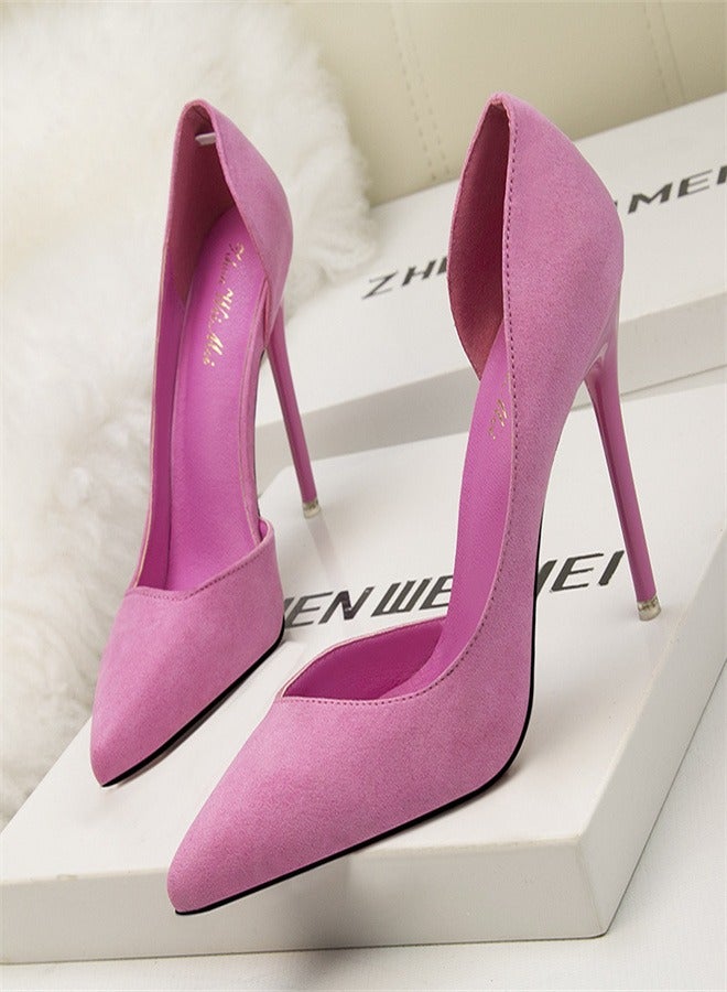 Eloshman 10cm Fashionable And Minimalist Slim Heel Suede Shallow Mouthed Pointed Women's Singles Shoes Rose red. - Image 3