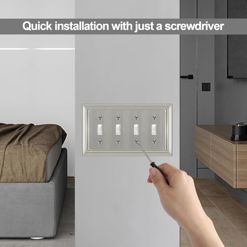 Dyekou Metal Wall Plate for Electrical Outlets, Decorative Brushed Nickel Switch Plates Outlet Cover, Light Switch Cover Plate, 4-Gang Wall Plates (Quad Toggle, 1 Pack) - Image 3
