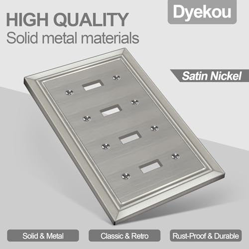Dyekou Metal Wall Plate for Electrical Outlets, Decorative Brushed Nickel Switch Plates Outlet Cover, Light Switch Cover Plate, 4-Gang Wall Plates (Quad Toggle, 1 Pack) - Image 2