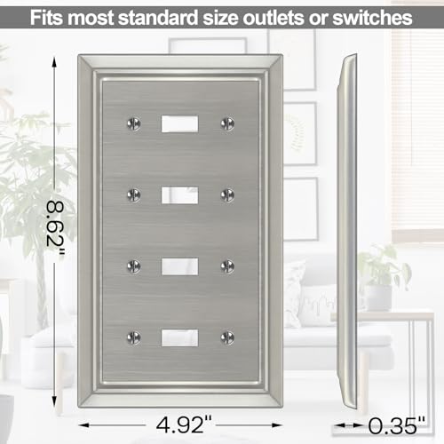 Dyekou Metal Wall Plate for Electrical Outlets, Decorative Brushed Nickel Switch Plates Outlet Cover, Light Switch Cover Plate, 4-Gang Wall Plates (Quad Toggle, 1 Pack) - Image 4
