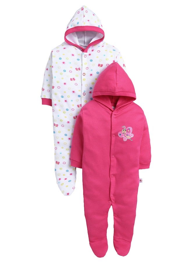 BUMZEE Baby Girls Cotton Full Sleeves Pack of 2 Hooded Sleepsuit Pink & White - 3-6 Months (Peb11024C-pnk) - Image 1