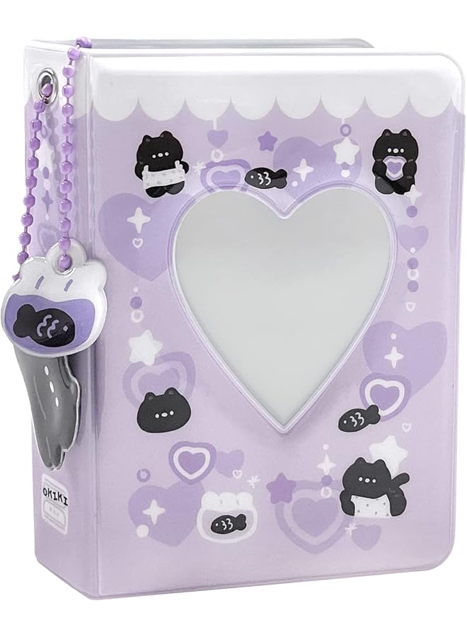 The Bros 3 Inch Mini Photo Album, Heart Hollow Card Binder Photo Album Photo Card Holder with Pendant 40 Pockets (purple black cat)  - Image 1