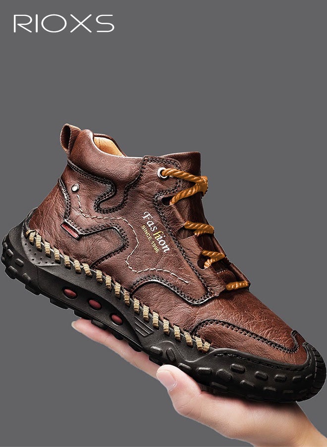 ريوكس أحذية تشوكا للرجال، أحذية مارتن العصرية للدراجات النارية، أحذية تشوكا جلدية كلاسيكية برباط، أحذية قتالية للدراجات النارية للرجال، أحذية كاحل بأصابع مستديرة للرجال، أحذية رياضية قصيرة عالية الرقبة، حذاء رياضي بني للرجال - Image 3