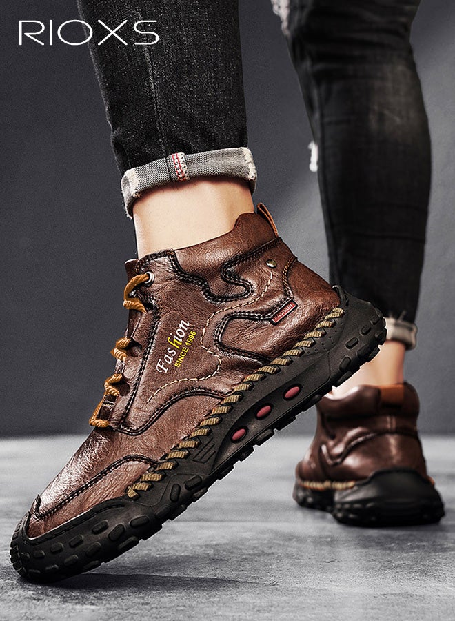 ريوكس أحذية تشوكا للرجال، أحذية مارتن العصرية للدراجات النارية، أحذية تشوكا جلدية كلاسيكية برباط، أحذية قتالية للدراجات النارية للرجال، أحذية كاحل بأصابع مستديرة للرجال، أحذية رياضية قصيرة عالية الرقبة، حذاء رياضي بني للرجال - Image 1