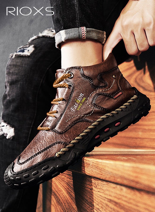 ريوكس أحذية تشوكا للرجال، أحذية مارتن العصرية للدراجات النارية، أحذية تشوكا جلدية كلاسيكية برباط، أحذية قتالية للدراجات النارية للرجال، أحذية كاحل بأصابع مستديرة للرجال، أحذية رياضية قصيرة عالية الرقبة، حذاء رياضي بني للرجال - Image 2