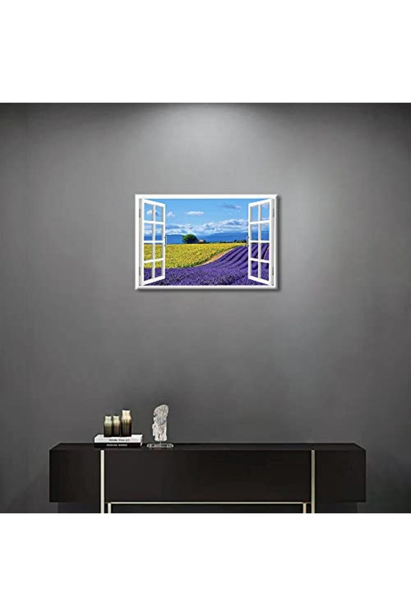 TISHIRON ALAYRA Lavender Flowers View 3D Window Effect Canvas Art Provence Modern Art Rustic Scenic Artwork Canvas Prints for Living Room Bedroom Office Posters Prints Framed Ready to Hang - 12" W x 8" H - Image 3