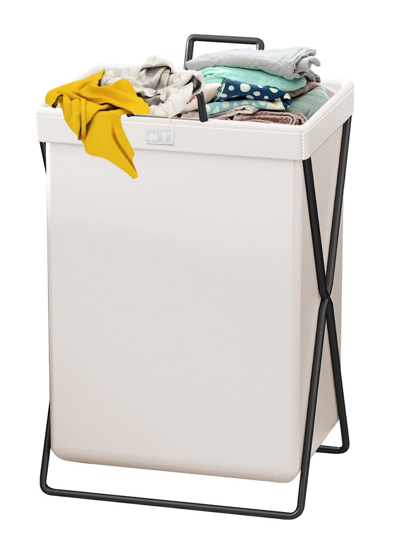 HomarKet - Large Laundry Basket, Waterproof, Freestanding Leather Laundry Hamper, Collapsible Tall Clothes Hamper with Extended Handles and Cover for Clothes Toys in the Dorm and Family-White - Image 1