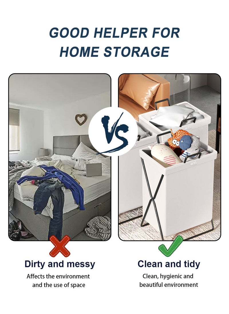 HomarKet - Large Laundry Basket, Waterproof, Freestanding Leather Laundry Hamper, Collapsible Tall Clothes Hamper with Extended Handles and Cover for Clothes Toys in the Dorm and Family-White - Image 1