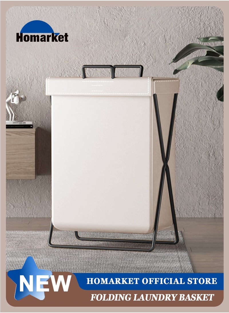 HomarKet - Large Laundry Basket, Waterproof, Freestanding Leather Laundry Hamper, Collapsible Tall Clothes Hamper with Extended Handles and Cover for Clothes Toys in the Dorm and Family-White - Image 1