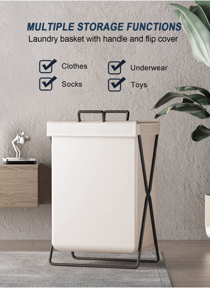HomarKet - Large Laundry Basket, Waterproof, Freestanding Leather Laundry Hamper, Collapsible Tall Clothes Hamper with Extended Handles and Cover for Clothes Toys in the Dorm and Family-White - Image 1