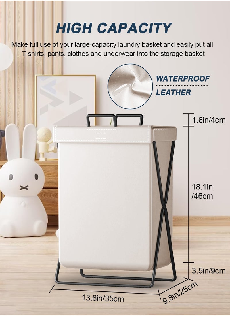 HomarKet - Large Laundry Basket, Waterproof, Freestanding Leather Laundry Hamper, Collapsible Tall Clothes Hamper with Extended Handles and Cover for Clothes Toys in the Dorm and Family-White - Image 1