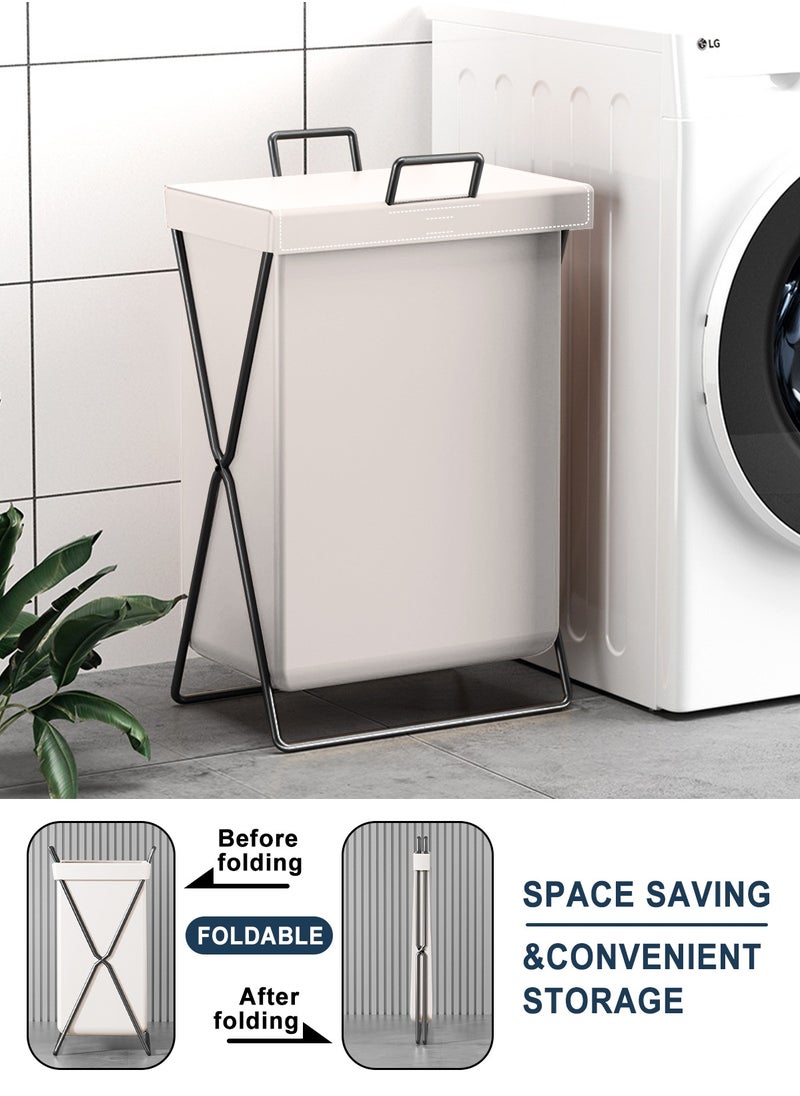HomarKet - Large Laundry Basket, Waterproof, Freestanding Leather Laundry Hamper, Collapsible Tall Clothes Hamper with Extended Handles and Cover for Clothes Toys in the Dorm and Family-White - Image 1