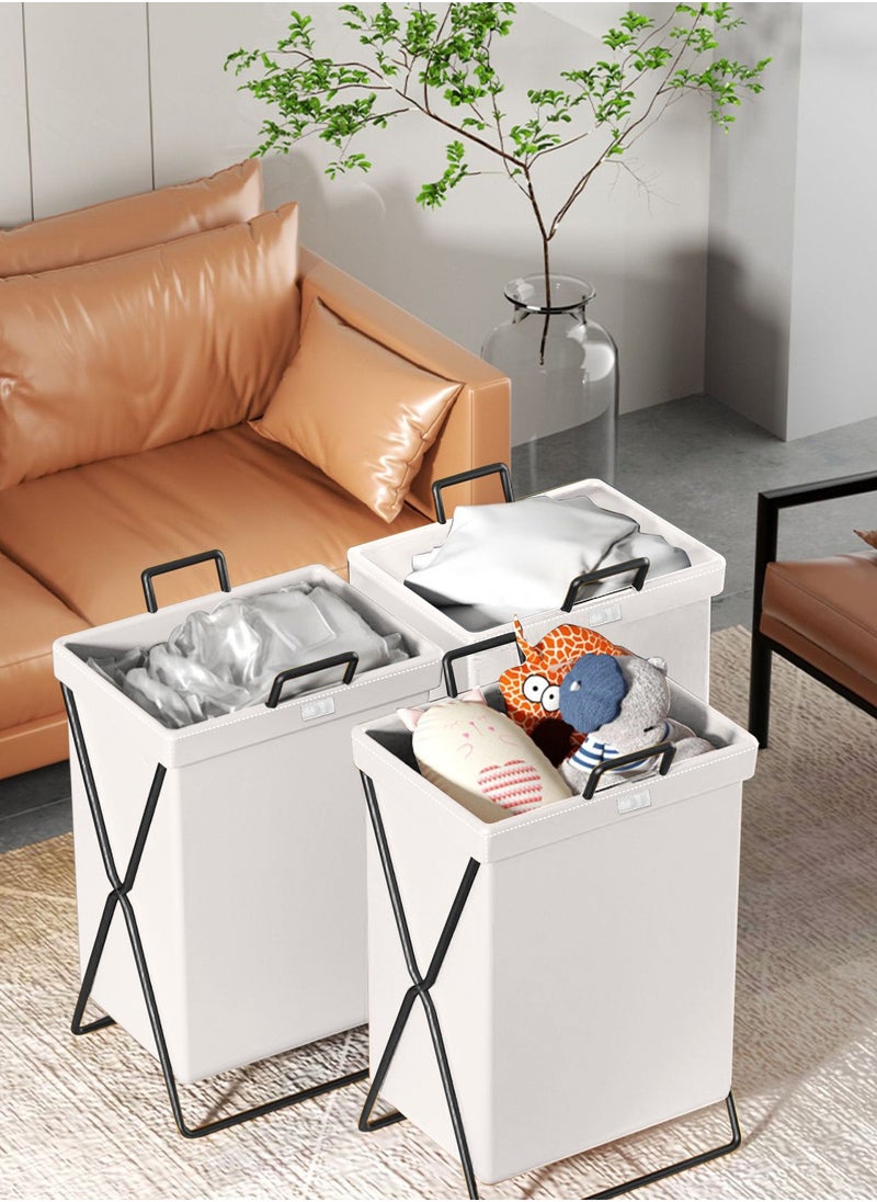 HomarKet - Large Laundry Basket, Waterproof, Freestanding Leather Laundry Hamper, Collapsible Tall Clothes Hamper with Extended Handles and Cover for Clothes Toys in the Dorm and Family-White - Image 1