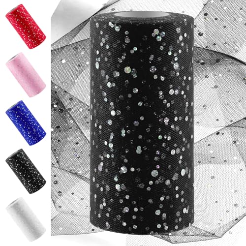 Swpeet 6 Inch by 50 Yards Black Glitter Tulle Fabric Roll Fabric Spool Sparkling Tulle Ribbon Netting Polyester Spool for DIY Birthday Party Wedding Decorations Christmas Craft Supplies - Image 1