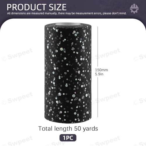 Swpeet 6 Inch by 50 Yards Black Glitter Tulle Fabric Roll Fabric Spool Sparkling Tulle Ribbon Netting Polyester Spool for DIY Birthday Party Wedding Decorations Christmas Craft Supplies - Image 3