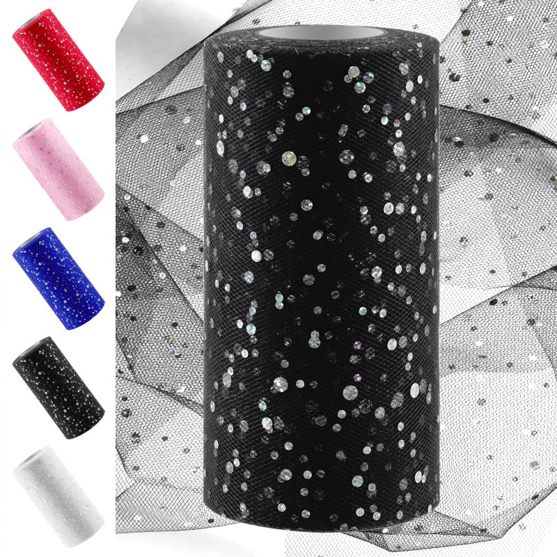 Swpeet 6 Inch by 50 Yards Black Glitter Tulle Fabric Roll Fabric Spool Sparkling Tulle Ribbon Netting Polyester Spool for DIY Birthday Party Wedding Decorations Christmas Craft Supplies - Image 2