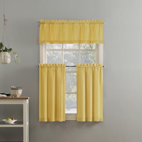 No. 918 Martine Microfiber Semi-Sheer Rod Pocket Kitchen Curtain Valance and Tiers Set, 54 in x 36 in (3 Piece) Kitchen Set, Yellow - Image 4