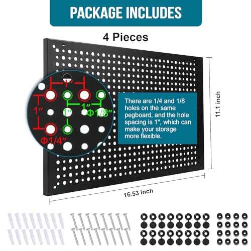 Daanxw 4 Pack Heavy Duty Steel Pegboard Garage Organization Panels,Universal 1/8 and 1/4 Pegboard Accessories,Suitable for Tool Storage,Garage Storage etc. (Black, 16X10.5) - Image 3