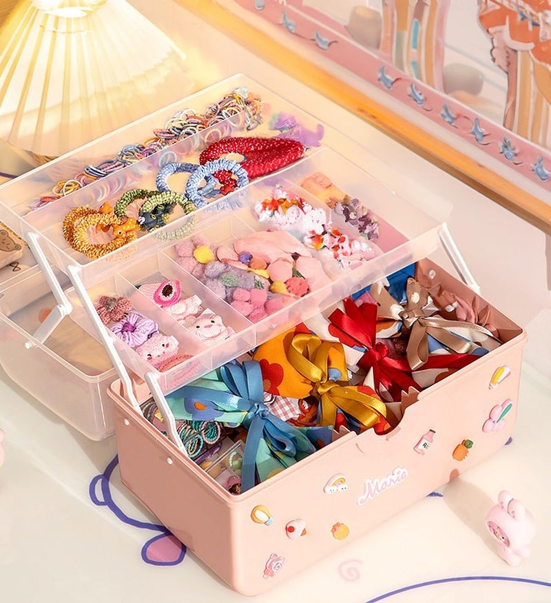 wolpin 3 Layers Jewellery Organiser for Kids with Stickers Portable Storage Box Case for Clips Hairband Rings, Earrings, Necklace, Ribbons Faux Leather, Multicolor - Image 1