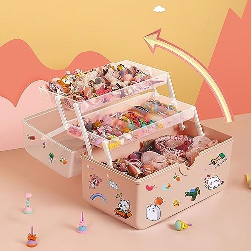 wolpin 3 Layers Jewellery Organiser for Kids with Stickers Portable Storage Box Case for Clips Hairband Rings, Earrings, Necklace, Ribbons Faux Leather, Multicolor - Image 3