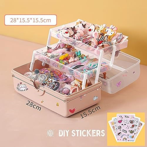 wolpin 3 Layers Jewellery Organiser for Kids with Stickers Portable Storage Box Case for Clips Hairband Rings, Earrings, Necklace, Ribbons Faux Leather, Multicolor - Image 2