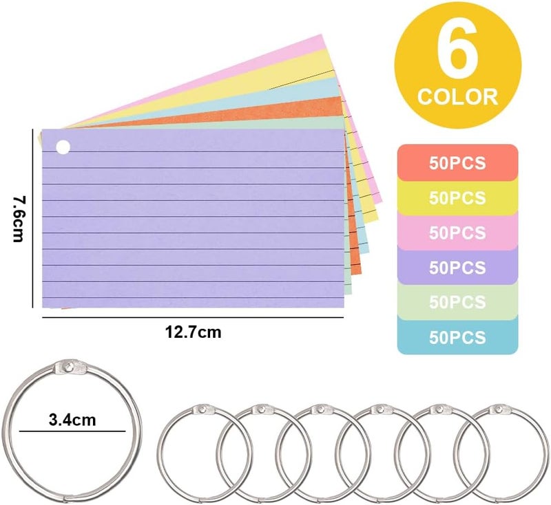 Vicloon Index Cards, 300 Pcs 12.7 x 7.6cm Flash Cards, Colourful Revision Cards with 6 Binder Rings Ruled Index Cards Lined Note Cards Record Cards for Office School Home Study Record - Image 2
