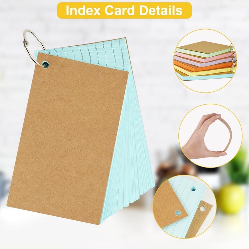 Vicloon Index Cards, 300 Pcs 12.7 x 7.6cm Flash Cards, Colourful Revision Cards with 6 Binder Rings Ruled Index Cards Lined Note Cards Record Cards for Office School Home Study Record - Image 3