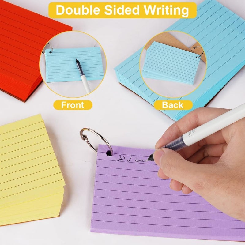 Vicloon Index Cards, 300 Pcs 12.7 x 7.6cm Flash Cards, Colourful Revision Cards with 6 Binder Rings Ruled Index Cards Lined Note Cards Record Cards for Office School Home Study Record - Image 5