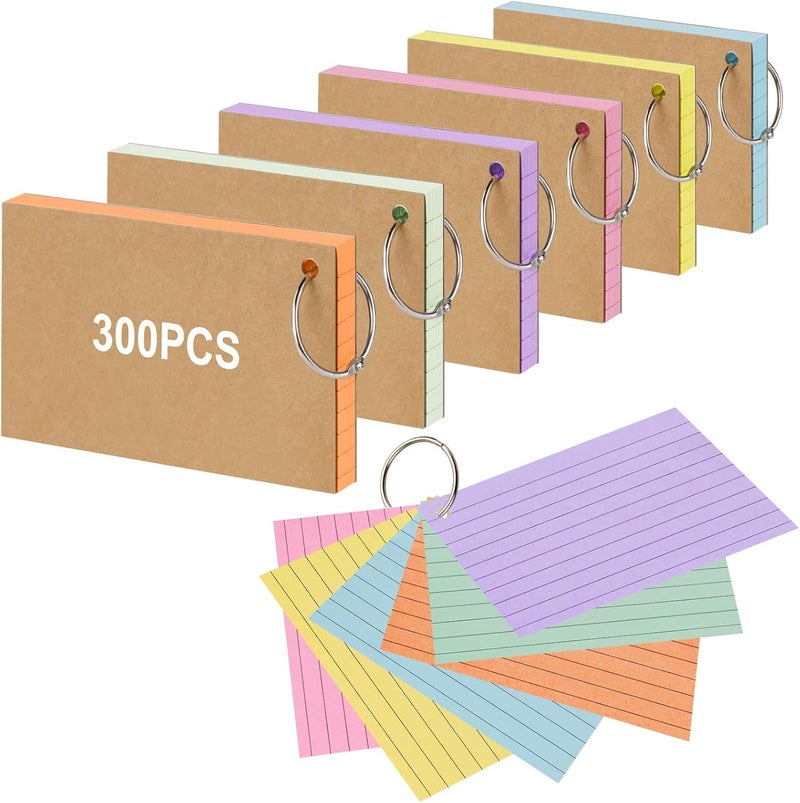Vicloon Index Cards, 300 Pcs 12.7 x 7.6cm Flash Cards, Colourful Revision Cards with 6 Binder Rings Ruled Index Cards Lined Note Cards Record Cards for Office School Home Study Record - Image 1