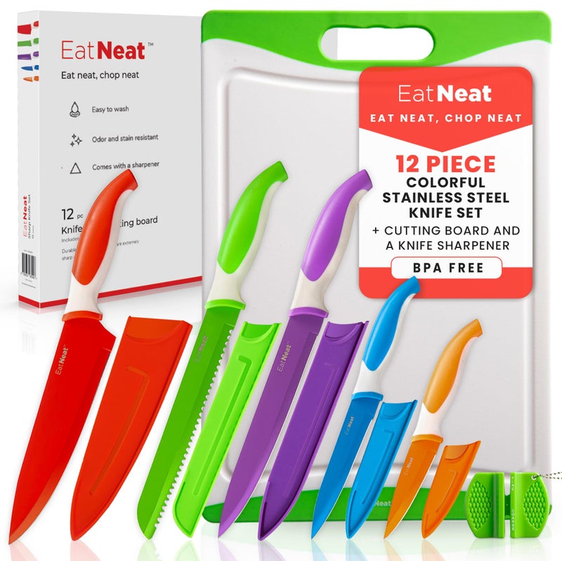 EatNeat 12 Piece Knife and Cutting Board Set Premium Colorful NonStick Stainless Steel Chef Knife with Protective Sheaths  Sharpener  Cooking Gifts Idea  Ergonomic Sharp Knives for Kitchen