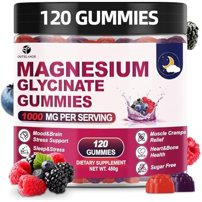 OUTELANDE 120 CT Magnesium Glycinate Gummies 1000 mg for Women and Men, Magnesium Malate & Taurate Supplements for Zzz, Body Support and Relaxation, Sugar Free, Vegan, Raspberry BlackBerry Blueberry Flavor - Image 1
