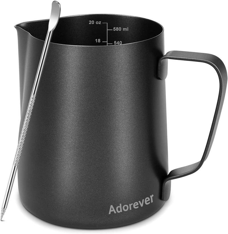 Adorever Milk Frothing Pitcher 600ml/20oz Steaming Pitchers Stainless Steel Milk Coffee Cappuccino Latte Art Barista Steam Pitchers Milk Jug Cup with Decorating Art Pen, Matte Black Multi-use well-engineered build - Image 1