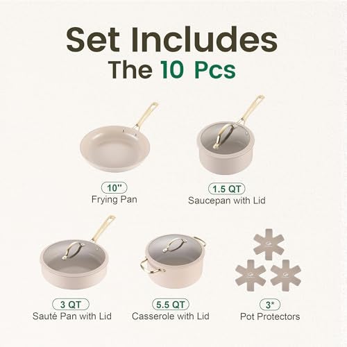 Chef Power Ceramic Cookware Sets, 10Pcs Pots and Pans Set Non Stick, Cookware Set with Stainless Steel Handle, Dishwasher & Oven Safe, Taupe and Light Gold Handle - Image 2