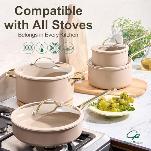 Chef Power Ceramic Cookware Sets, 10Pcs Pots and Pans Set Non Stick, Cookware Set with Stainless Steel Handle, Dishwasher & Oven Safe, Taupe and Light Gold Handle - Image 5