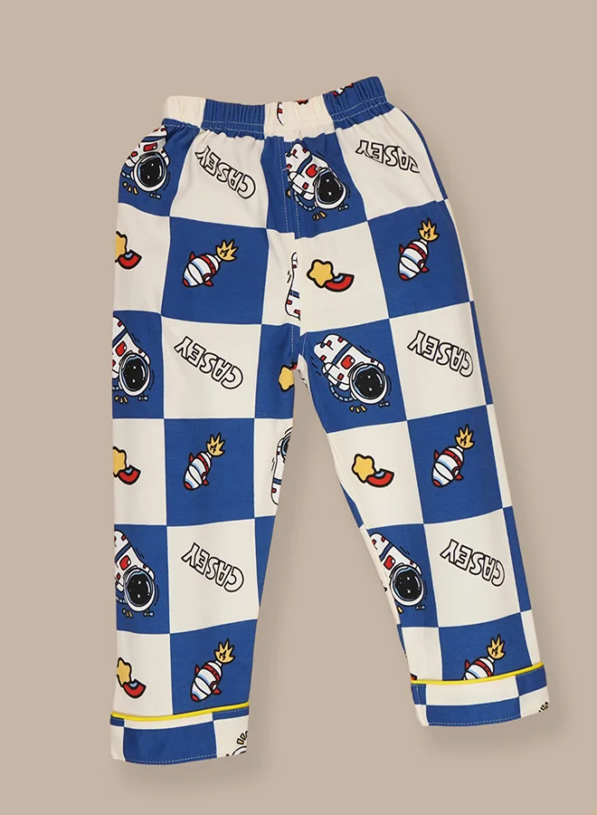 LITTLE SURPRISE BOX Little Surprise Box, Blue & White checkered Space  soft Cotton Kids Nightsuit-3-4 Y