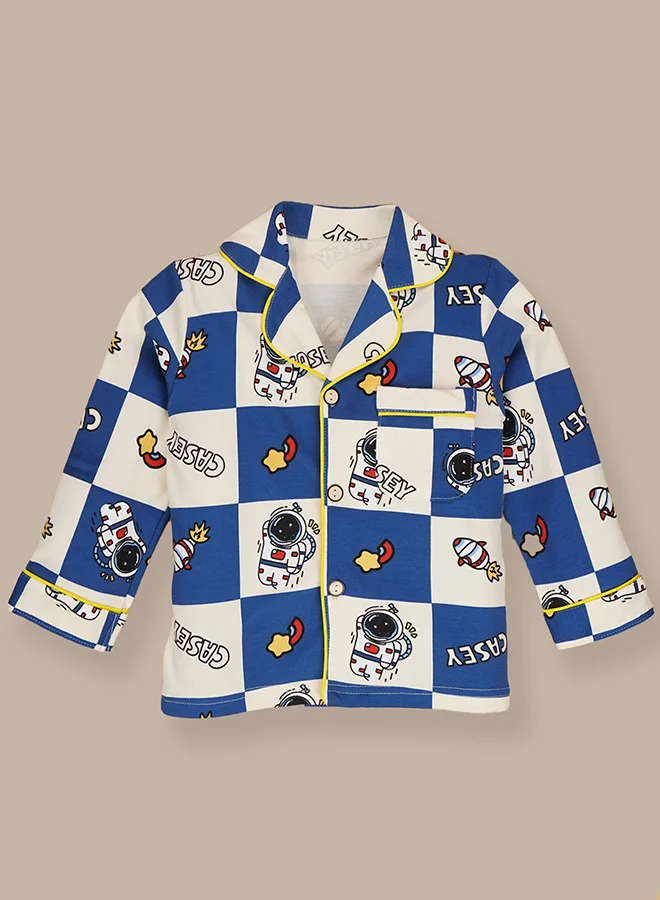 LITTLE SURPRISE BOX Little Surprise Box, Blue & White checkered Space  soft Cotton Kids Nightsuit-3-4 Y