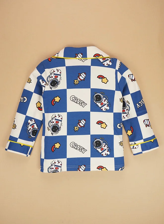 LITTLE SURPRISE BOX Little Surprise Box, Blue & White checkered Space  soft Cotton Kids Nightsuit-3-4 Y
