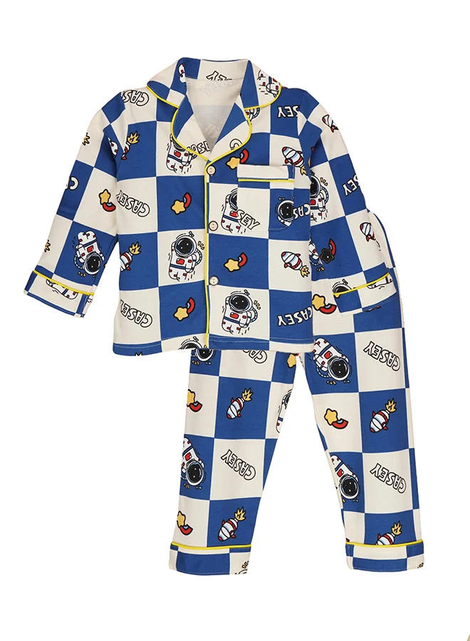 LITTLE SURPRISE BOX Little Surprise Box, Blue & White checkered Space  soft Cotton Kids Nightsuit-3-4 Y