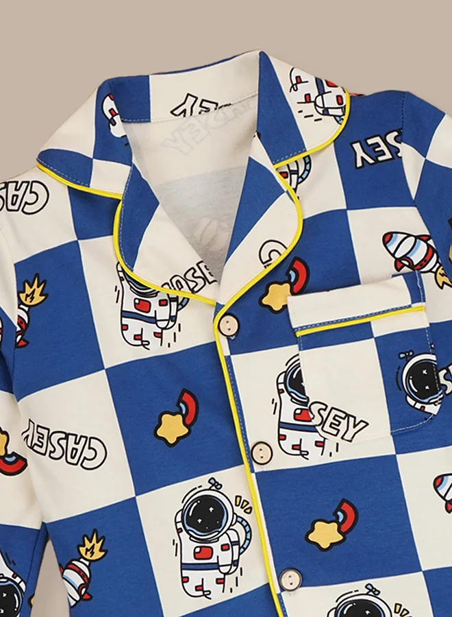 LITTLE SURPRISE BOX Little Surprise Box, Blue & White checkered Space  soft Cotton Kids Nightsuit-3-4 Y