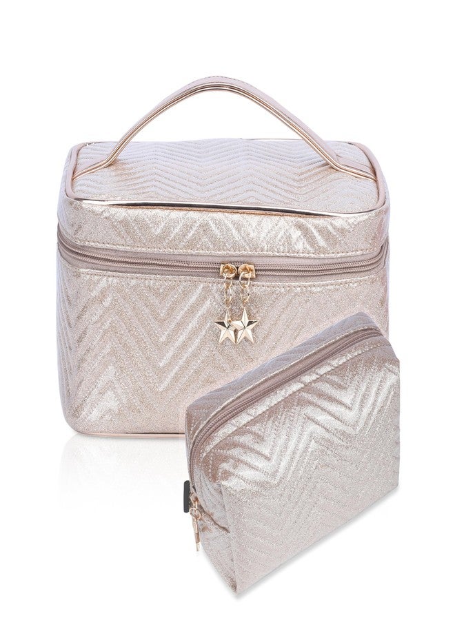 FADAK Glitter Makeup Organizer Bag with Detachable Pouch, 25 x 14 x 14 cm (Rose Gold) - Image 1