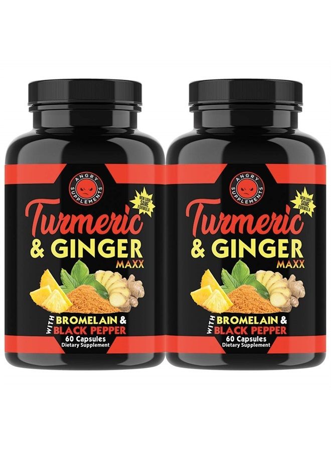 Angry Supplements ماكس الكركم والكركمين والزنجبيل، 95% كركمينويد مع الفلفل الأسود، تقليل الالتهاب ودعم المفاصل، مضاد للأكسدة، 1355 ملغ مزيج من مكونات غير معدلة وراثيًا (زجاجتين) - Image 1