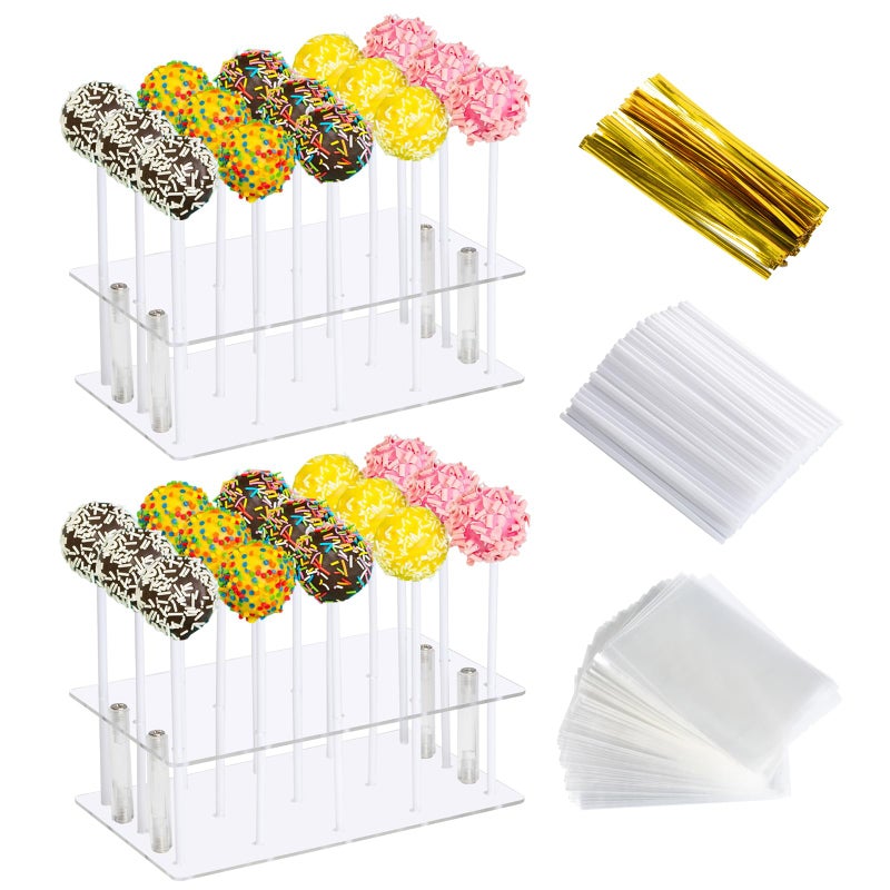 HENABLE 2 Pack Cake Pop Stand with Sticks & Wrappers, 15 Holes Acrylic Cake Pops Holder Disply, Clear Cake Pops Sticks Kit, Lollipop Hold Stand for Drying, Dessert Table, Party Supplies - Image 1