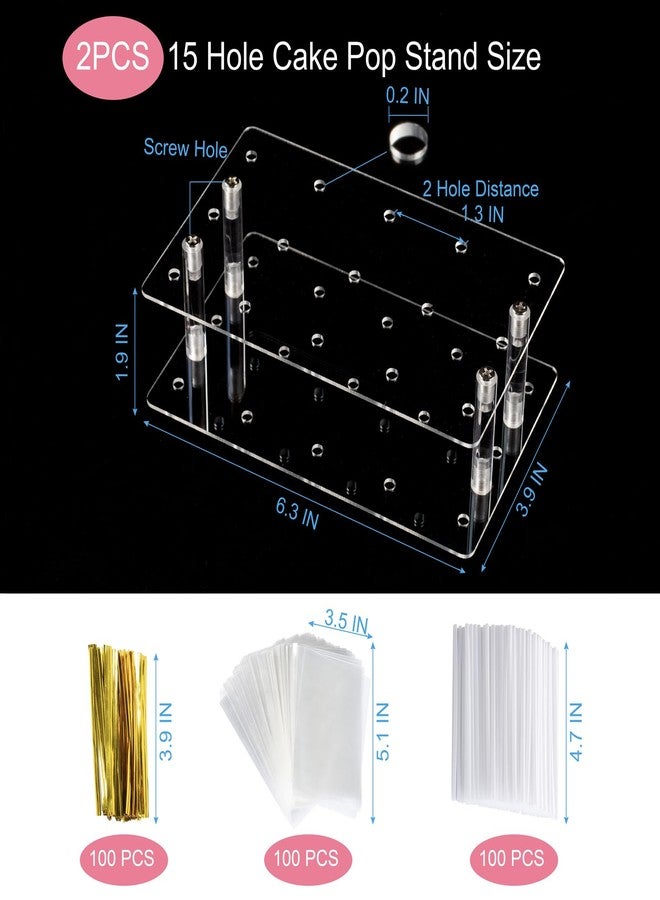 HENABLE 2 Pack Cake Pop Stand with Sticks & Wrappers, 15 Holes Acrylic Cake Pops Holder Disply, Clear Cake Pops Sticks Kit, Lollipop Hold Stand for Drying, Dessert Table, Party Supplies - Image 2
