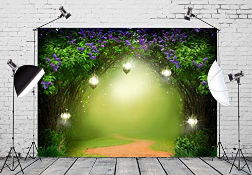 BELECO 10x8ft Fabric Enchanted Forest Backdrop Magic Misty Forest with Road Fantasy Garden Spring Landscape Photography Backdrop for Tinkerbell Party Baby Shower Banner Birthday Party Photo Props - Image 3