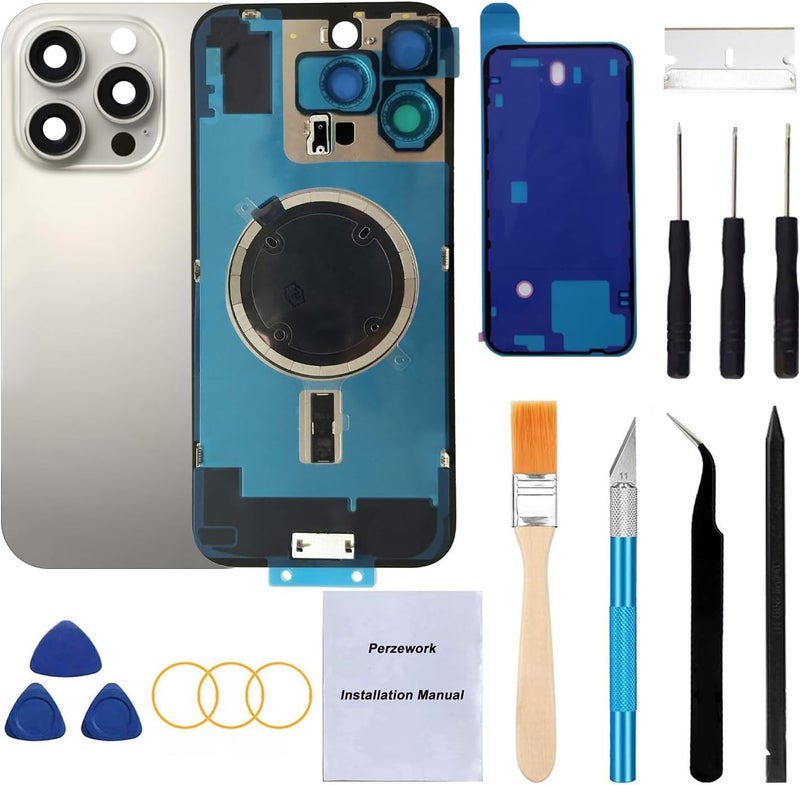 Perzework Rear Back Glass Replacement for iPhone 16 Pro 6.3-inches + Pre-Installed Plate and Camera Frame and Lens + Reparing Tool Kit (Natural Titanium) - Image 1