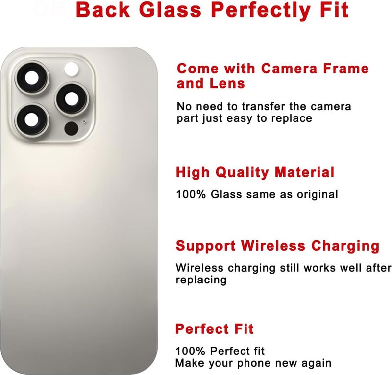 Perzework Rear Back Glass Replacement for iPhone 16 Pro 6.3-inches + Pre-Installed Plate and Camera Frame and Lens + Reparing Tool Kit (Natural Titanium) - Image 3