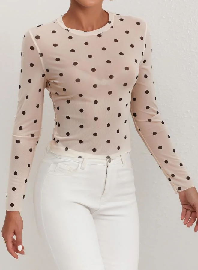 تايك تو Take Two Polka Dot Mesh Long Sleeve Round Neck Top