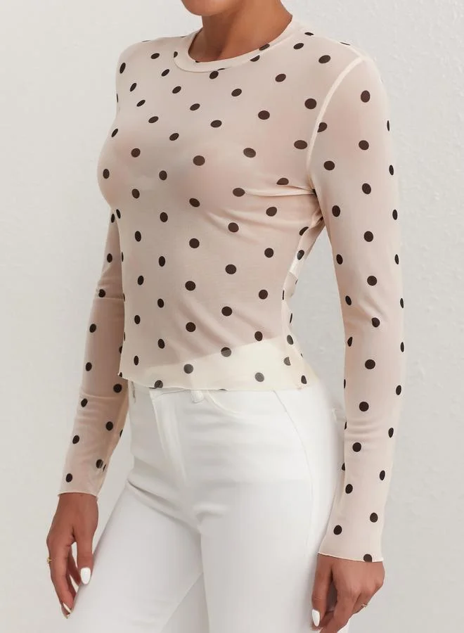 تايك تو Take Two Polka Dot Mesh Long Sleeve Round Neck Top