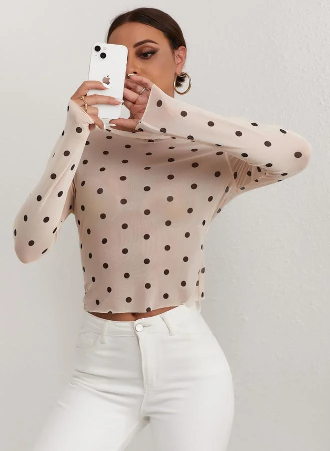 تايك تو Take Two Polka Dot Mesh Long Sleeve Round Neck Top