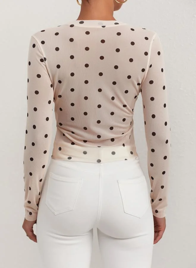 تايك تو Take Two Polka Dot Mesh Long Sleeve Round Neck Top
